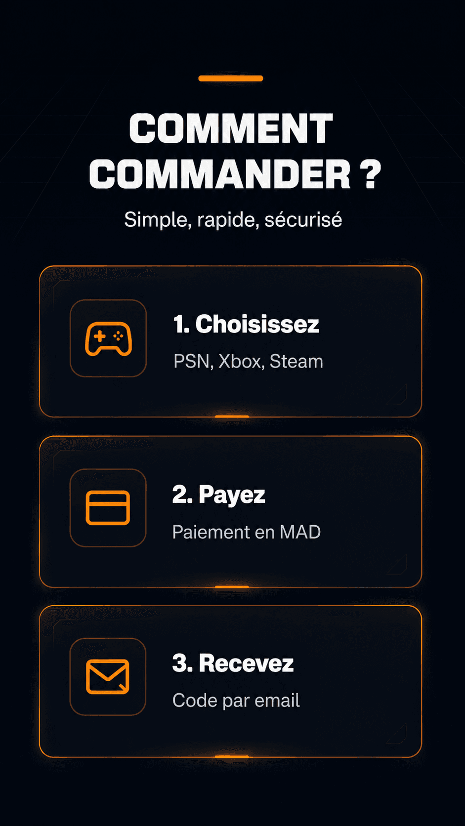 Comment commander sur GameOver: choisissez PSN, Xbox ou Steam, payez en MAD, puis recevez votre code par email.